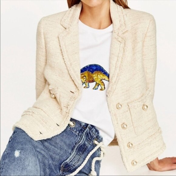 New Zara Ivory Ecru Tweed Textured Blazer Jacket w/Pockets, Pearl Buttons, Ivory - Picture 10 of 14